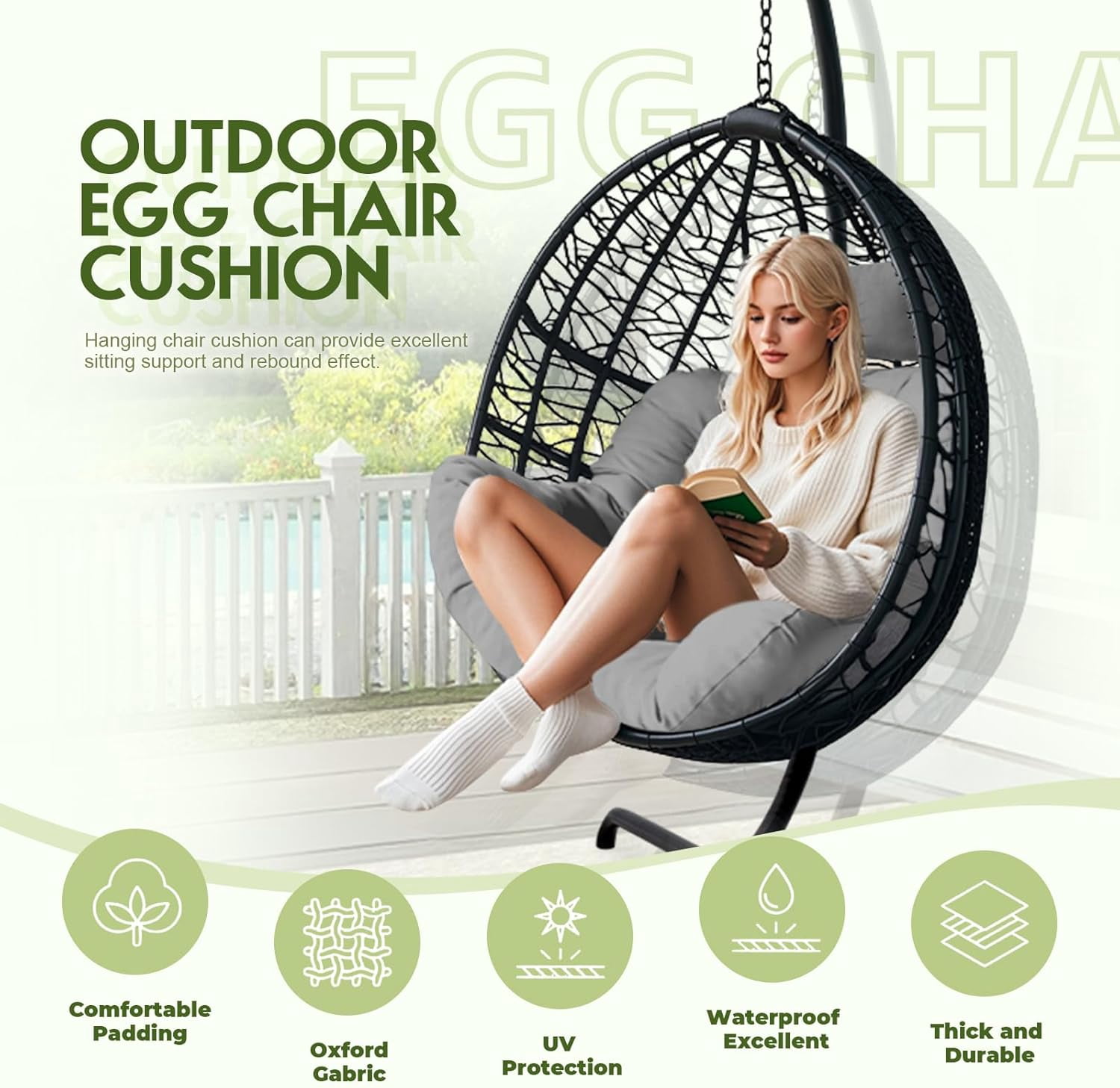 Outdoor Egg Chair Cushion, Waterproof Hanging Chair Cushion with Headrest Pillow, Egg Chair Replacement Cushion for Patio Furniture, U-Shaped Eggs Swing Cushion for Basket Chairs, Gray