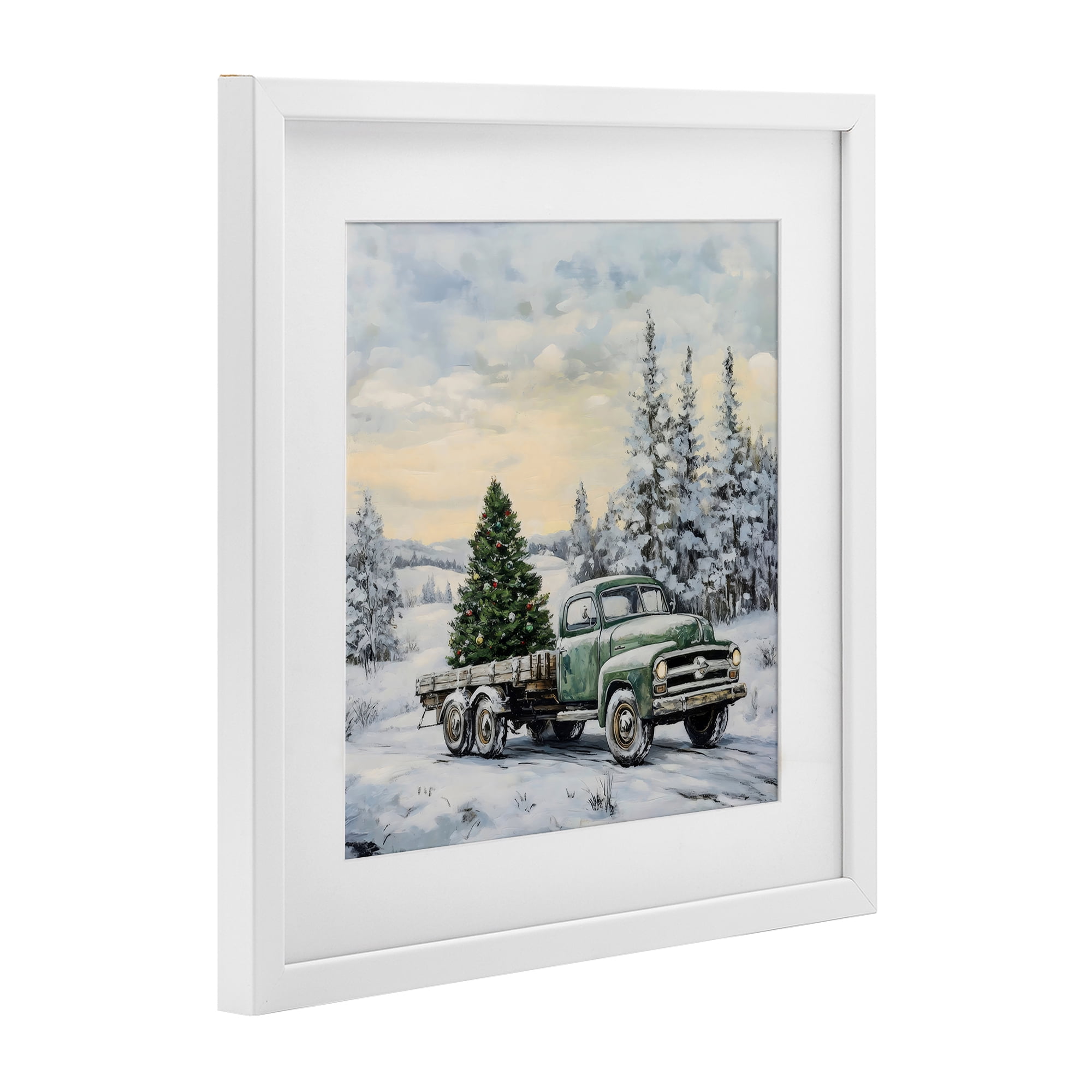 Green Christmas Tree Truck White Framed Print Under Glass, design by Petal Prints Design