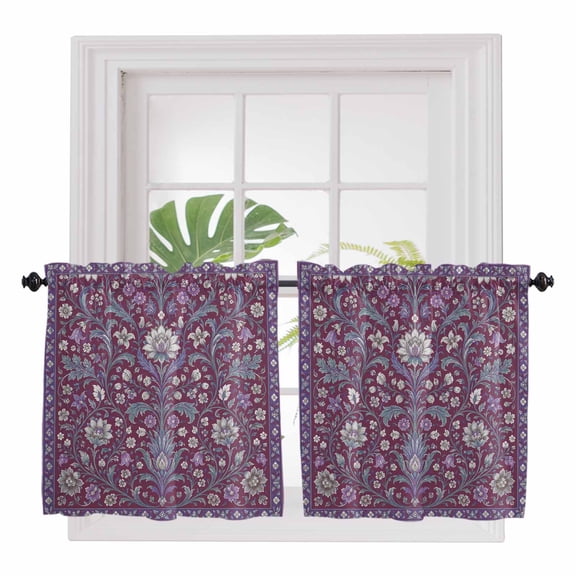Red Purple Floral Boho 2 Panel Kitchen Curtains for Small Windows, Ethnic Tribe Abstract Art Vintage Bathroom Tier Curtain, Short Window Treatment for Bedroom/Living Room 55"x36"