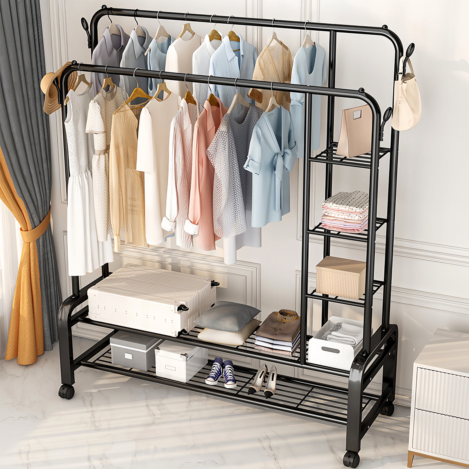 ALSO GO 3-In-1 Double Rod Clothes Rack with 4-Shelf, Metal Clothing Rack with Wheels & 4 Hooks, Portable Heavy Duty Garment Rack with Double Bottom Shelves, Freestanding Organizer  for Bedroom, Black