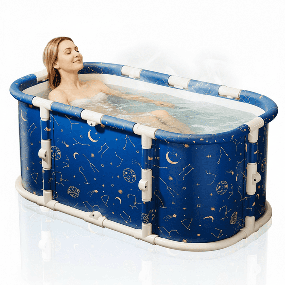 SolarSoda 45" Large Portable Folding Bathtub, Non-Inflatable Hot & Cold Soaking Bathtub for Home Use, (Star Moon Blue)
