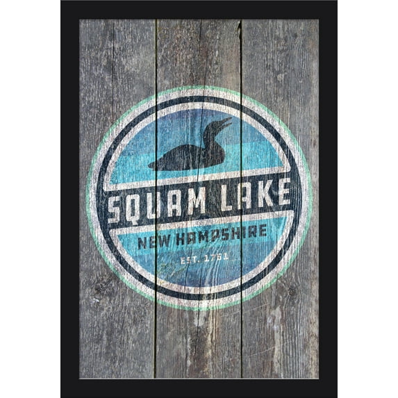 Squam Lake, New Hampshire - Loon Badge - Rustic - Lantern Press Artwork (16x24 Giclee Art Print, Gallery Framed, Black Wood)