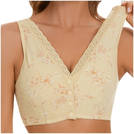 Tumotour Front Open Bras For Women Lace Pattern Wirefree Button Closeure Breathable Gathering Bra Nursing Underwear Non Steel Ring Underwear Solid Color Shoulder Strap Women Daily Bras
