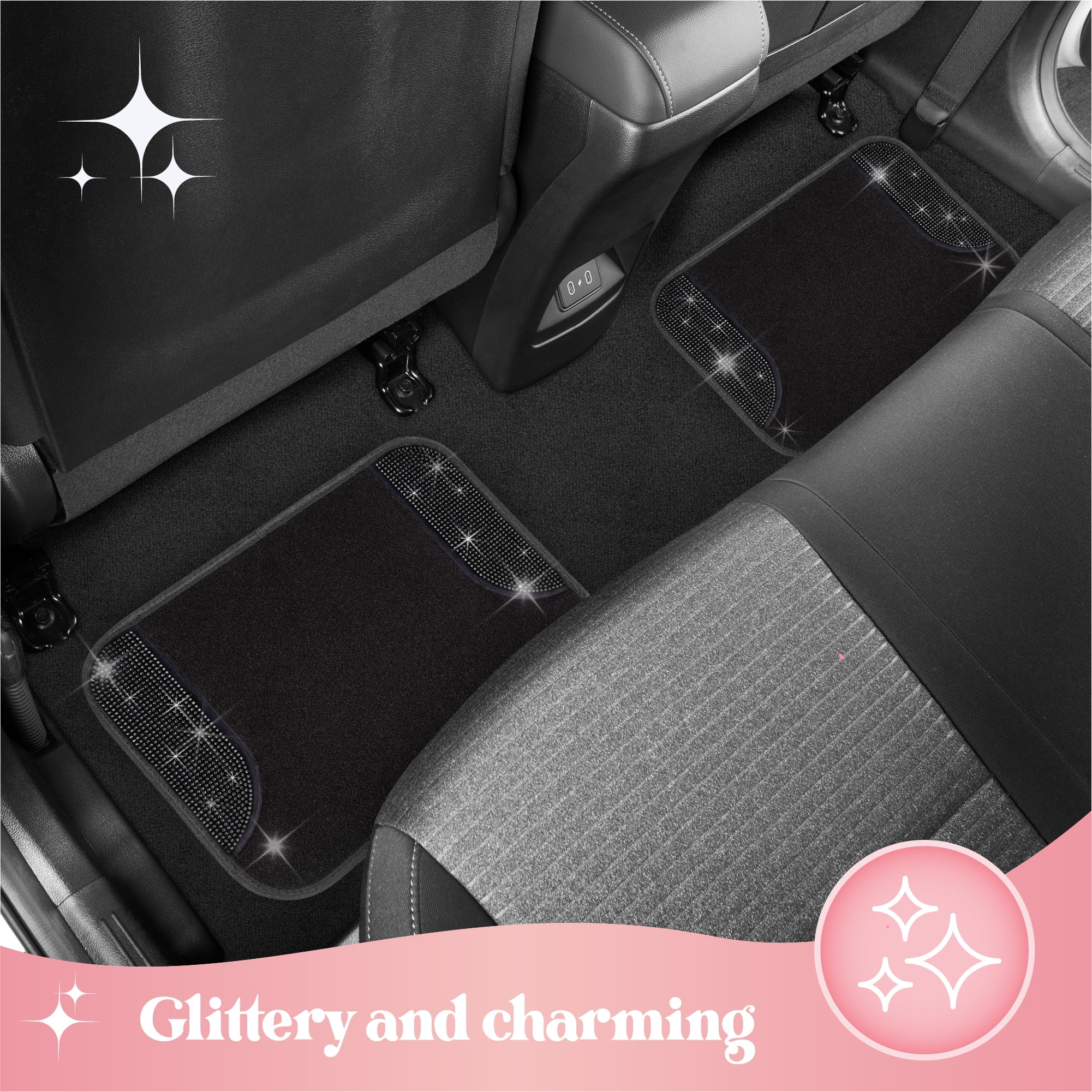 Carbella Diamond Bling Car Mats 4-Piece Set, Shiny Rhinestone Crystal Carpet Car Floor Mats, Two-Tone Floor Mats for Cars, Cute Automotive Interior Car Accessories for Women (Black)