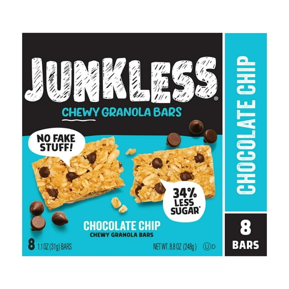 JUNKLESS Chewy Chocolate Chip Granola Snack Bars, 1.1 oz, 8 Count pack of 2