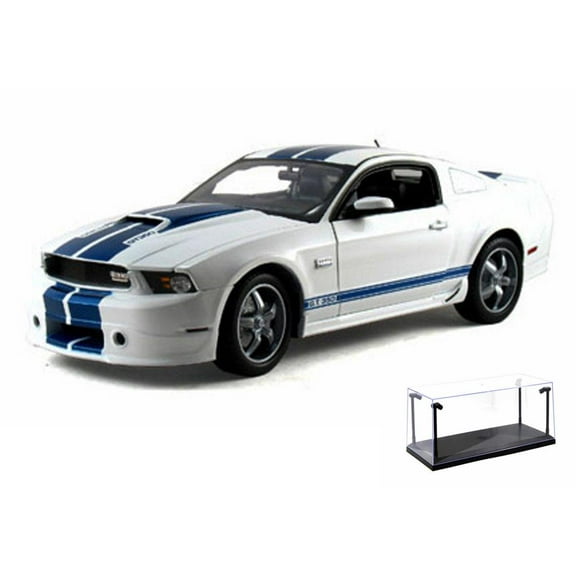 Diecast Car & LED Display Case Package - 2011 Ford Shelby GT350, White  w/ Blue Stripes - Shelby  SC351 - 1/18 Scale Diecast Model Toy Car w/LED Display Case