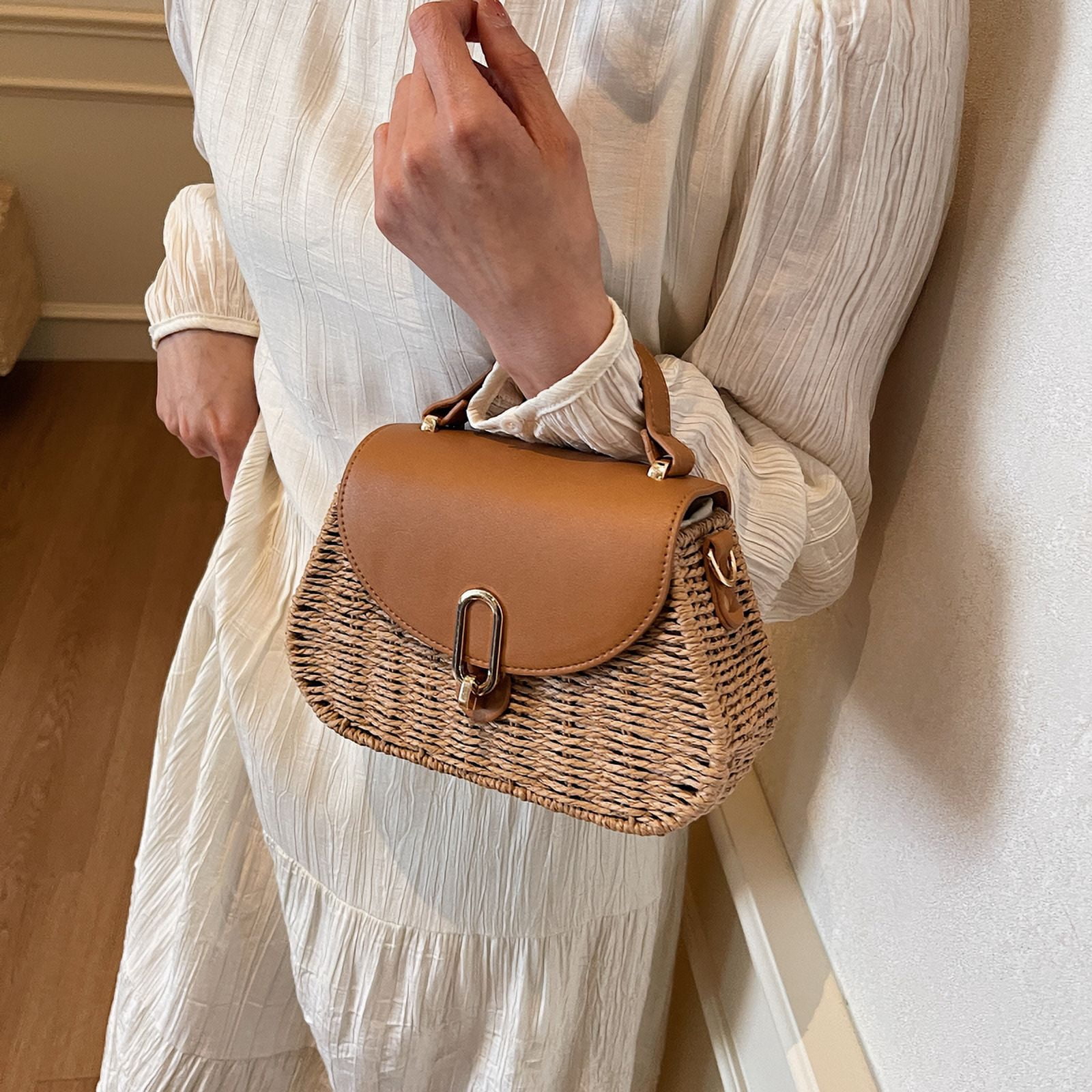 Straw Bags for Women, Handmade Straw & PU Crossbody Bag Summer Beach Shoulder Bag (Camel)