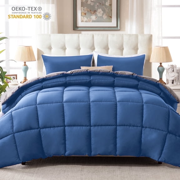 Yalamila Queen Comforter Set, 3-Piece Blue/Grey Comforter Bedding Set, Reversible All Season Down Alternative with 2 Pillow Shams