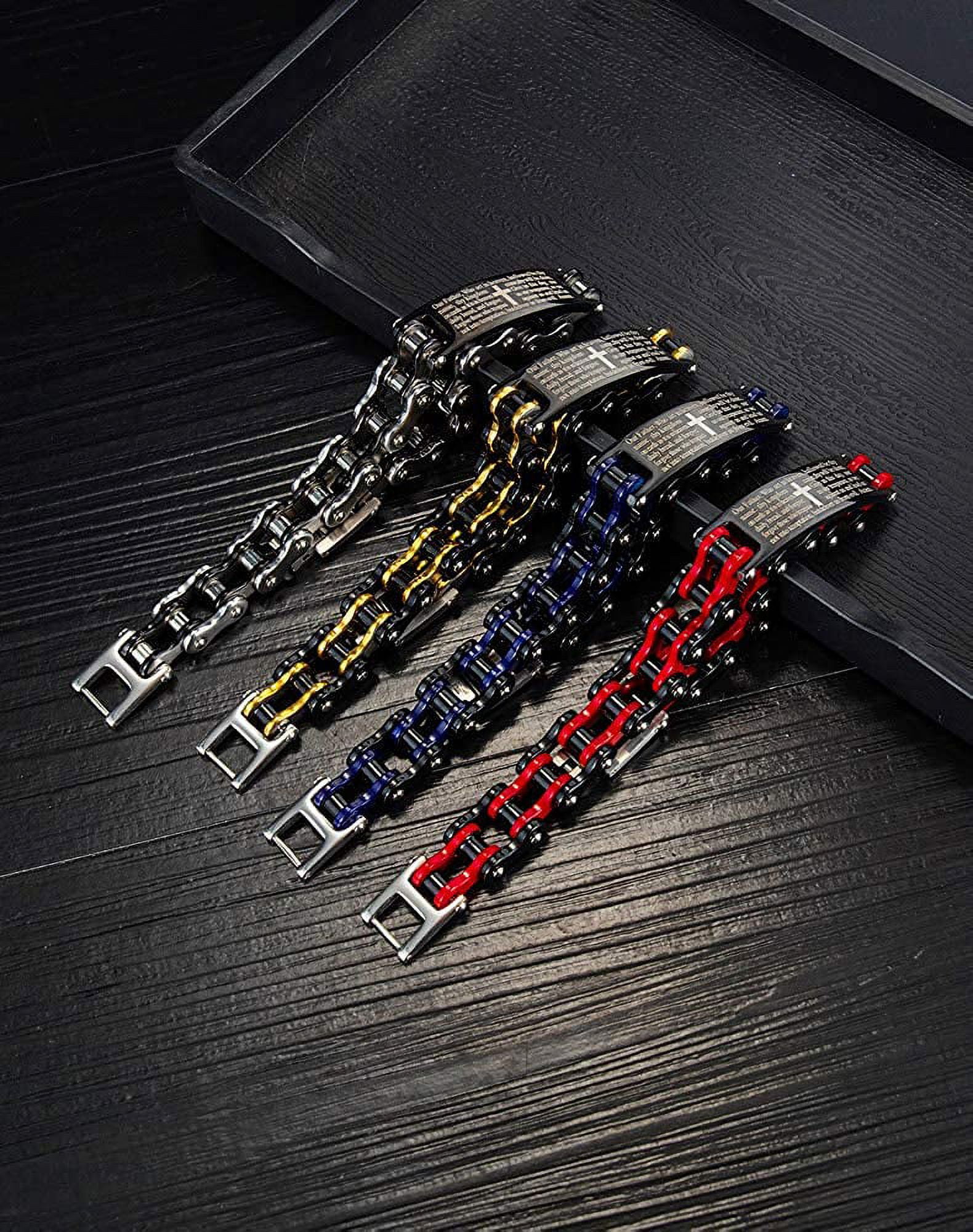 Mens Motorcycle Bike Link Chain Lord's Prayer English Christian Cross Bracelet Size 8 Inch or Size 9 Inch (Red, 8 Inch)