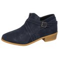 thumbnail image 2 of Willtoo Women Vintage Ankle Boots Solid Leather Cross Buckle Straps Round Toe Chunky Block Heels Side Zipper Western Booties Waterproof Stylish Breathable Daily Dressy Office Short Shoes Dark Blue, 2 of 5