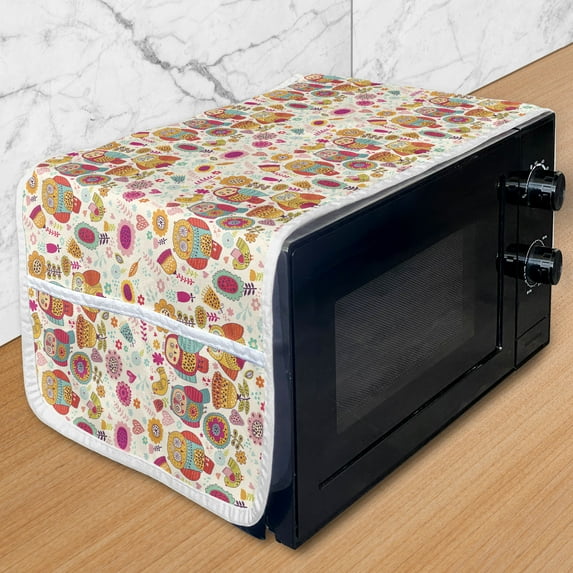 Owl Microwave Oven Cover, Sixties Inspired Color Scheme Psychedelic Abstract Birds and Flowers Multicolored Image, Water Resistant Organizer with Pockets Kitchen, 36" x 12", Multicolor, by Ambesonne
