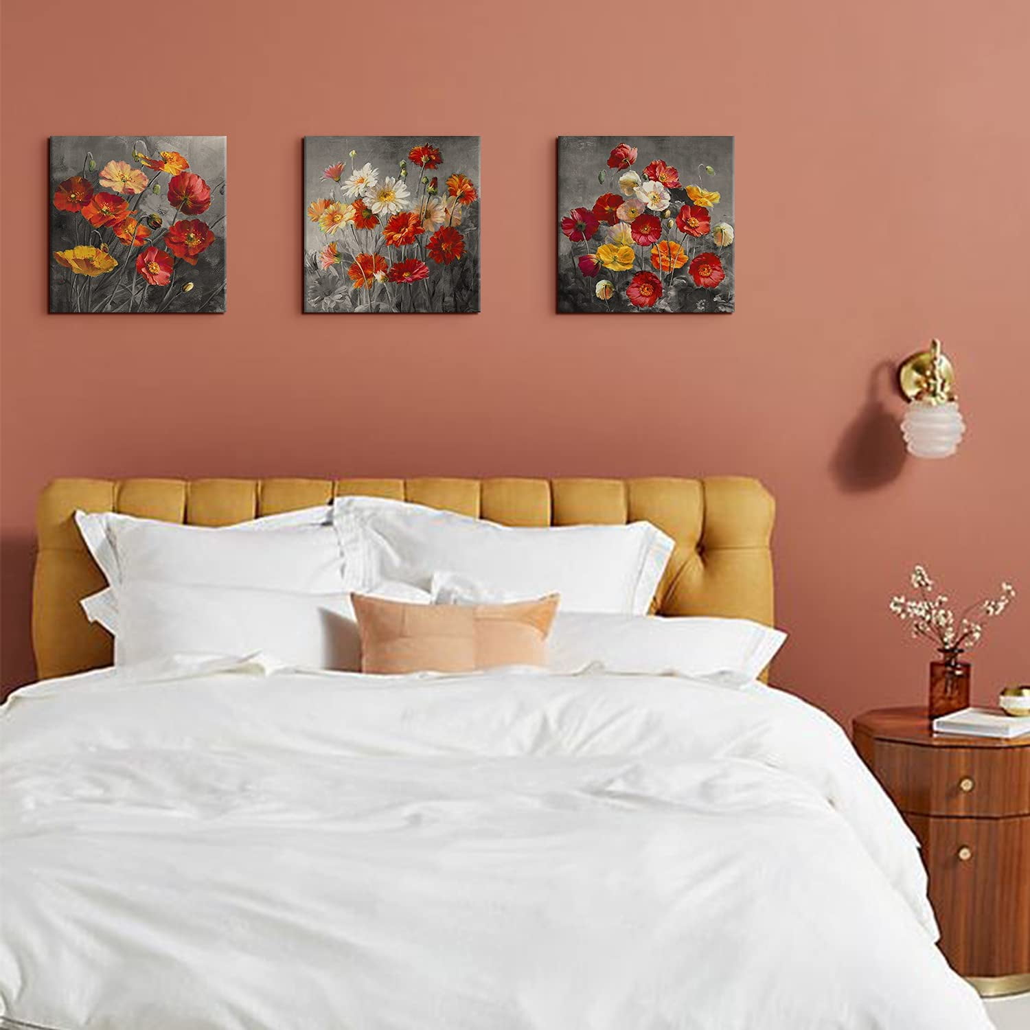 Daisiy Flower Wall Art Orange Floral Pictures Bathroom Wall Decor Red Poppy Canvas Prints for Living Room 16x16"x 3Pcs Modern Colorful Still Life Paintings Stretched and Framed Artwork Home Decoration