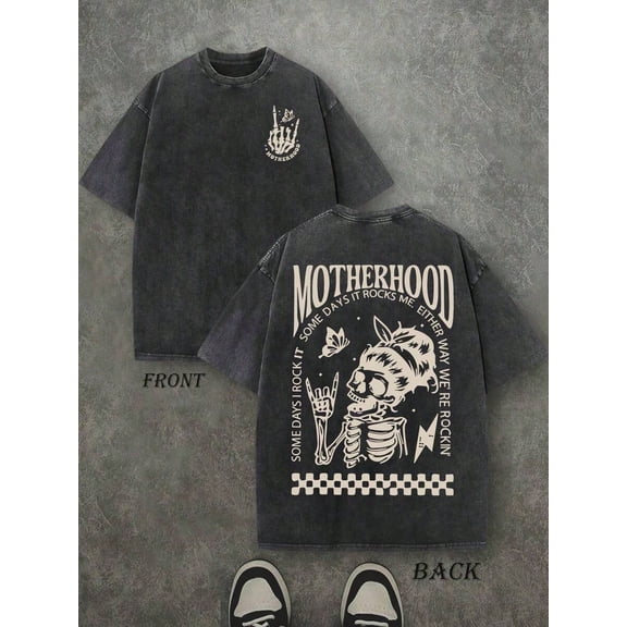 Summer Retro Washed T-Shirt For Men, 230g Cotton, MOTHERHOOD Letter Print, Double Sided Graphic, Vintage Streetwear Crew Neck, Oversized Y2K Top, Casual Daily Wear, Plus Size, For Men