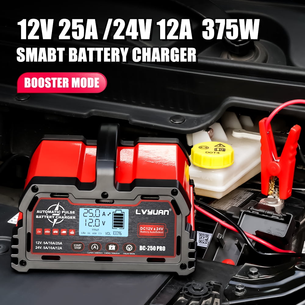 LVYUAN 25A 12V/24V Automotive Battery Charger Float & Trickle Battery Charger Maintainer Desulfator for Car, Truck, Motorcycle, lawn mower, LiFePO4 & Lead-Acid Batteries