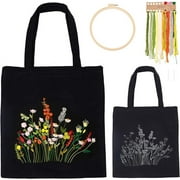 DIY Canvas Tote Bag Embroidery Kit Black Canvas Bag Flower Cross Stitch Kit with Pattern and Instruction Personalized Bag Funny Hand Needlepoint Kit Include Hoops Color Threads and Needles