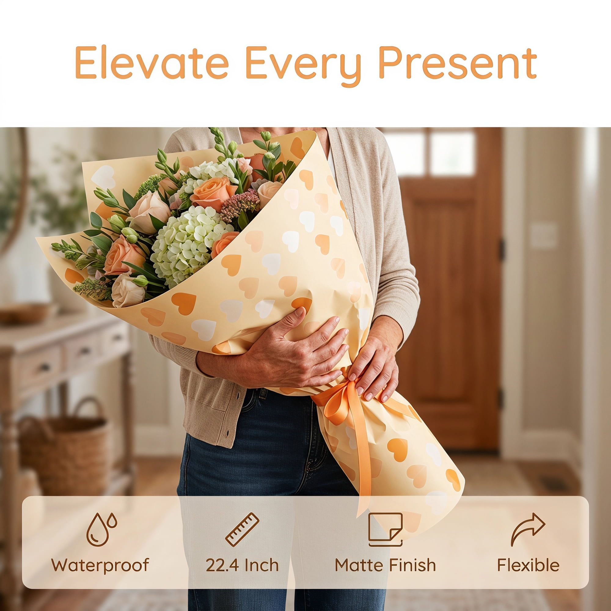 Unique Bargains Waterproof Neon Heart Luxury Matte Gift Wrapping Paper Orange 22.4"x 22.4"