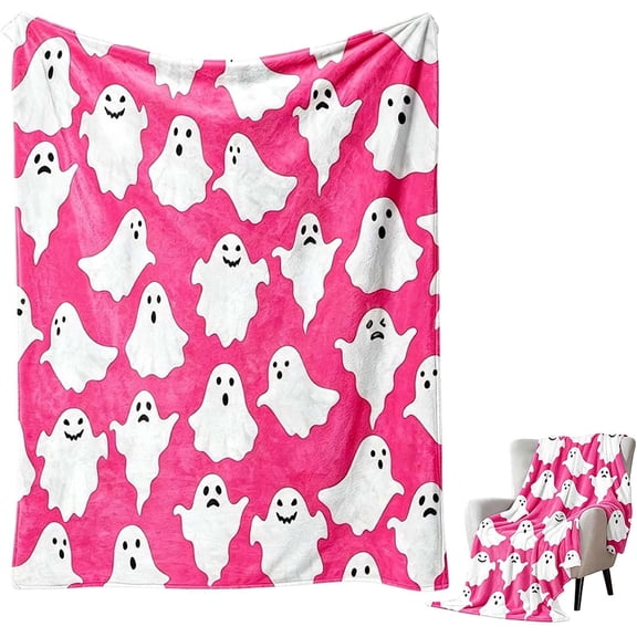 Pink Ghost Halloween Blanket - Soft Plush Throw Blanket, Cute Spooky White Ghost Decor for Couch Bed Dorm, Warm Cozy Fall Winter Holiday Blanket Gifts for Women, 50x60 Inch