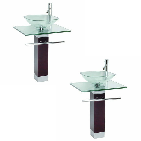 2 Bohemia Glass Pedestal Sink Crystal Clear Countertop Modern Vanity Round Vessel Sinks, Chrome Faucet, Drain, Towel Bar, Tempered Glass Counter and Pedestal| Renovators Supply