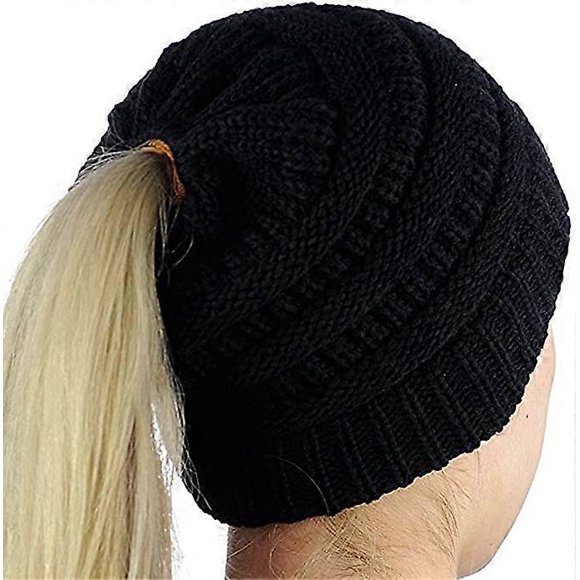 Gorro de invierno de punto para mujer con agujero para cola de caballo