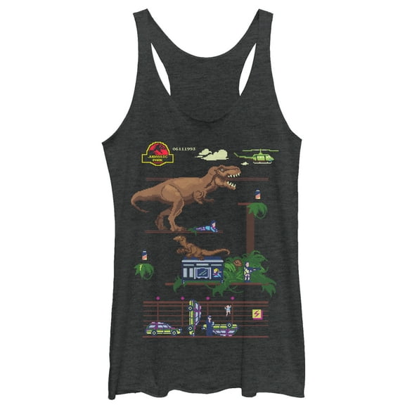 Women's Jurassic Park Can You Survive the 8 Bit Pixel Video Game?  Racerback Tank Top Black Heather X Large