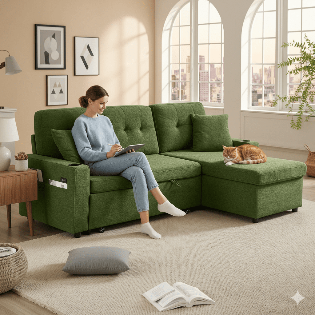 Convertible Sectional Sofa Bed, 82in Sleeper Sofa Bed with Storage Chaise for Living Room, Pull Out Couch L Shaped Couch with USB Charging Port, Cup Holder, Removable Backrest, Teddy Fabric, Green