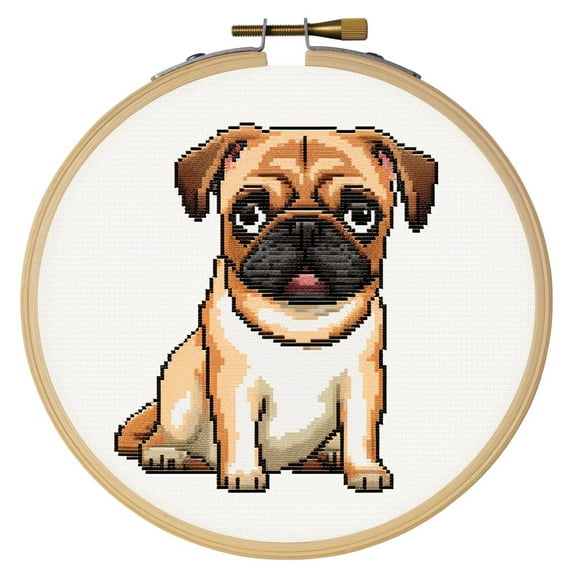 Cartoon Simple Figure of Pug Dog 11CT Stamped Cross Stitch Kits Easy for Beginners Child with Hoop Needlepoint Counted Embroidery Kits Art Craft Wall Decor 12x12IN(2)