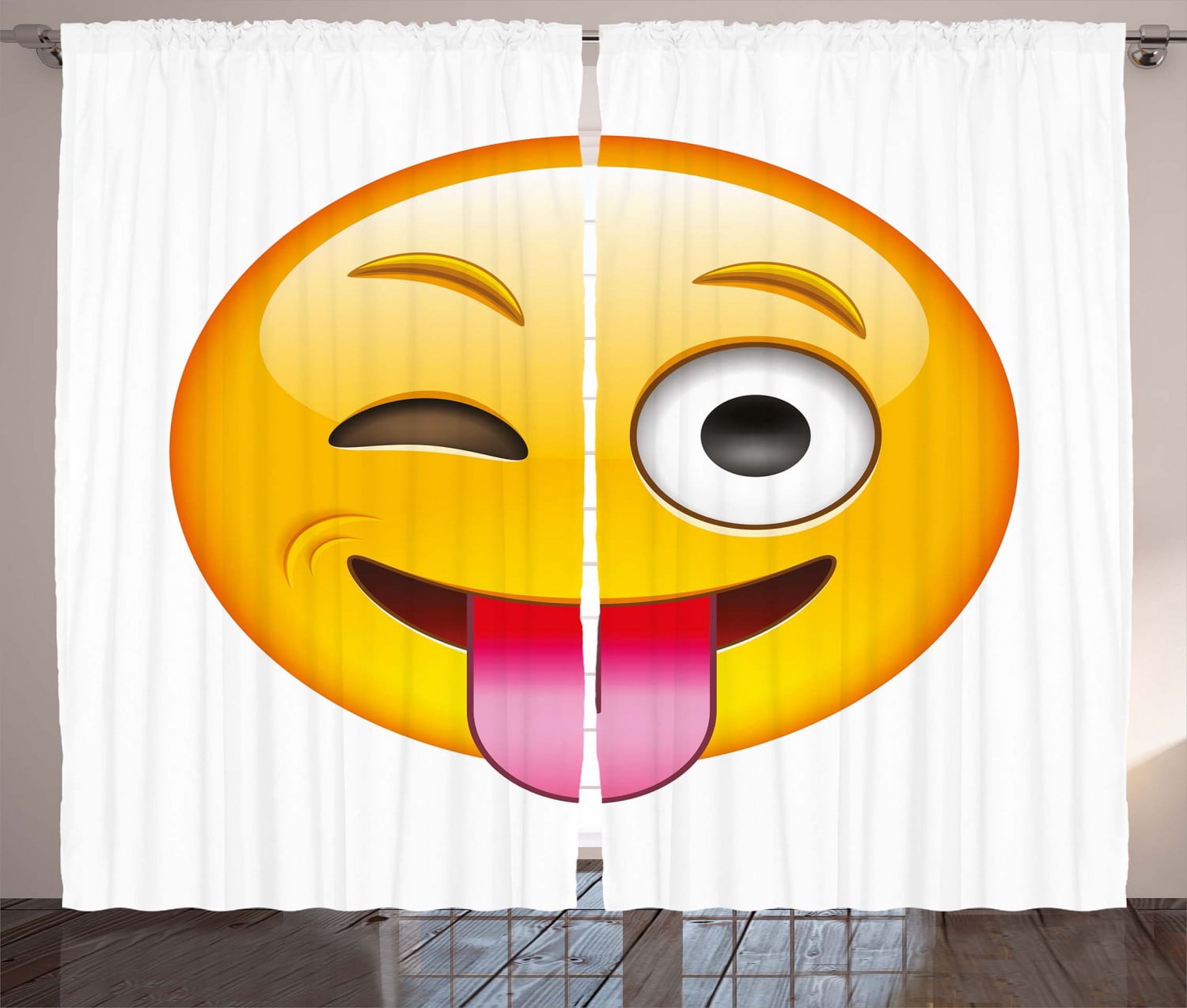 Emoji Curtains 2 Panels Set, Cartoon like Technologic Smiley Flirty