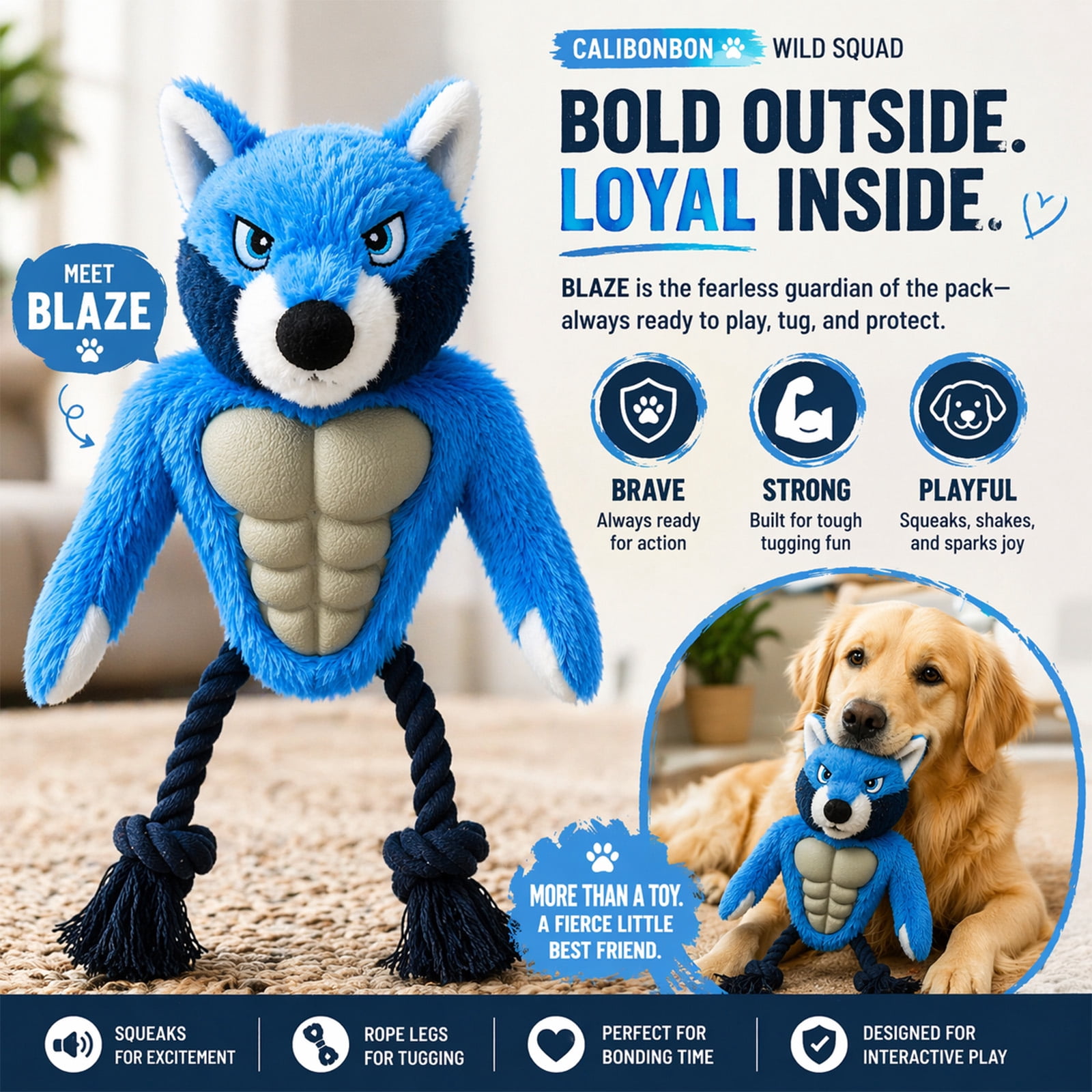 Calibonbon Wolf Rope & Plush Dog Toy with Squeaker, Interactive Tug Toy for Medium to Large Dogs, Multi-Texture Toy for Tug, Toss & Supervised Play