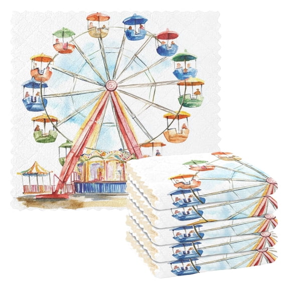 6 Pieces of Kitchen Towels 11x11Inch Kitchen Dish Cloths Kitchen Dish Towels Reuseable Cleaning Cloths Cartoon Ferris Wheel