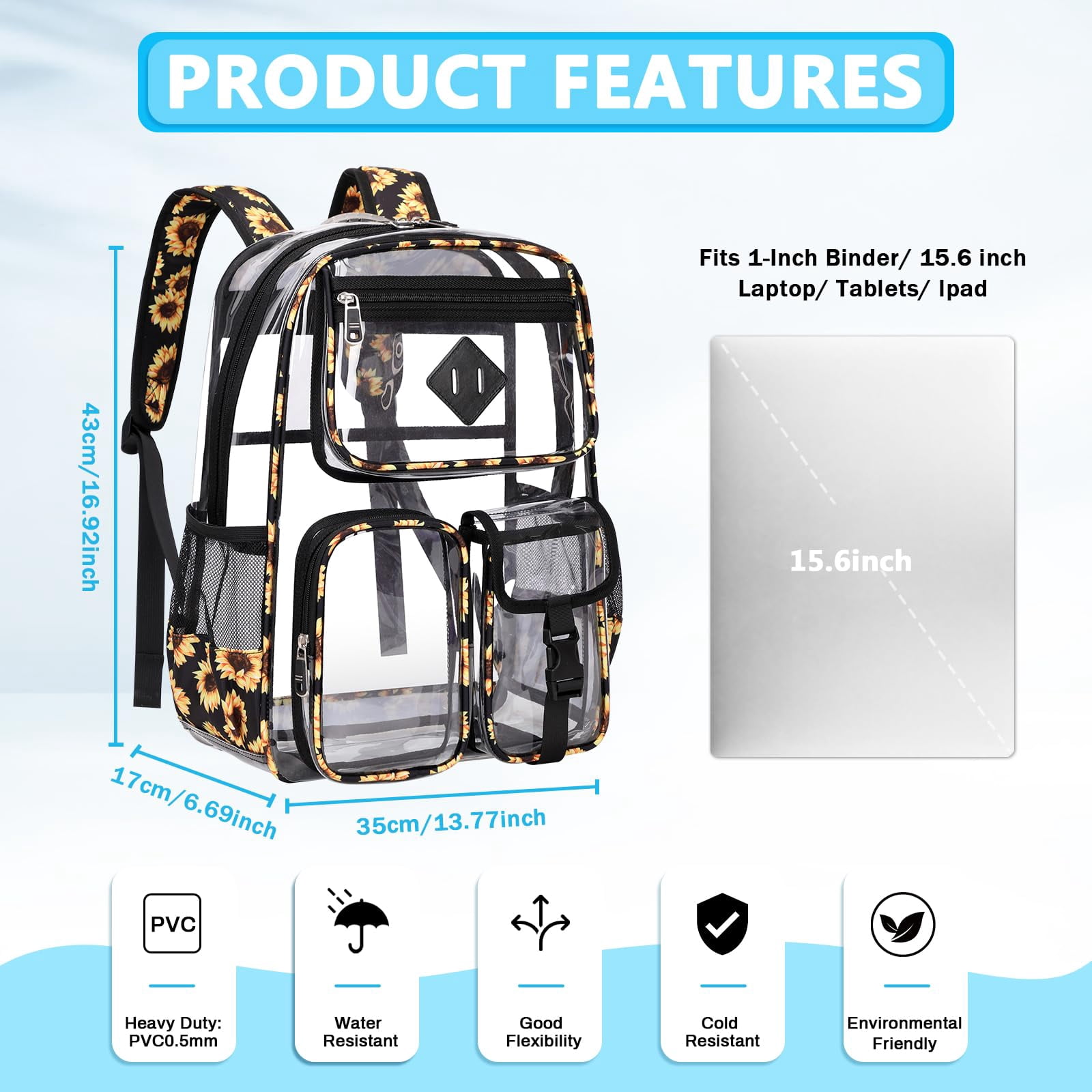 Sanmadrola Large Clear Backpack Heavy Duty Stadium Approved See Through Backpack Waterproof PVC Transparent Backpacks Clear Book Bag with Reinforced Strap for School Work Travel, Black Daisy