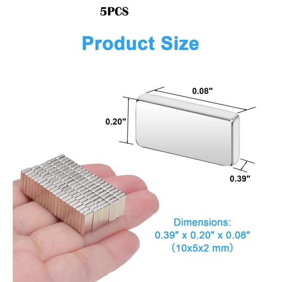 5Pcs Neodymium Bar Magnets 10X5X2Mm Rare Earth Strong Craft Fridge Office Silver