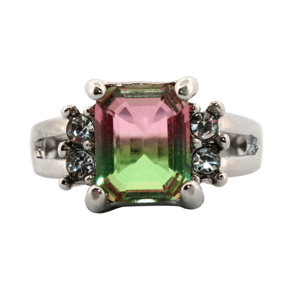 Emerald Watermelon Tourmaline & Topaz Silver Ring, Size 8 114