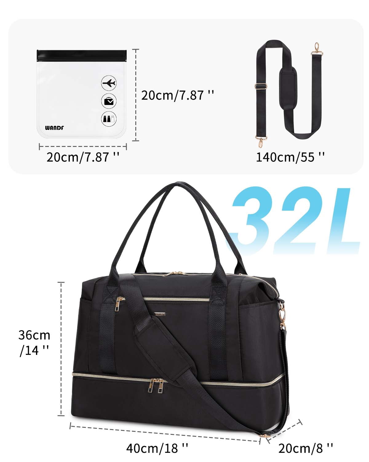 Travel Carry on Bag for Spirit Airlines Personal Item Bag 18x14x8 Underseat with Shoe Compartment, Tsa Approved Toiletry Bag with Wet Pocket,Gym Business Weekender Bag(Black)