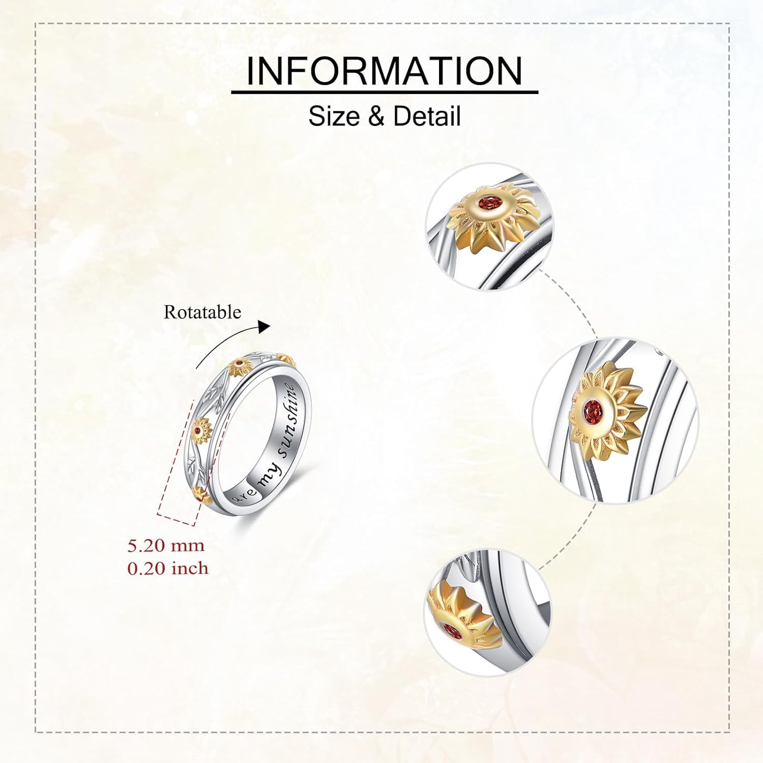 Sunflower Rings for Women 925 Sterling Sliver Fidget Spinner Ring Sun Flower Anxiety Rings Sunflower Jewelry for Women