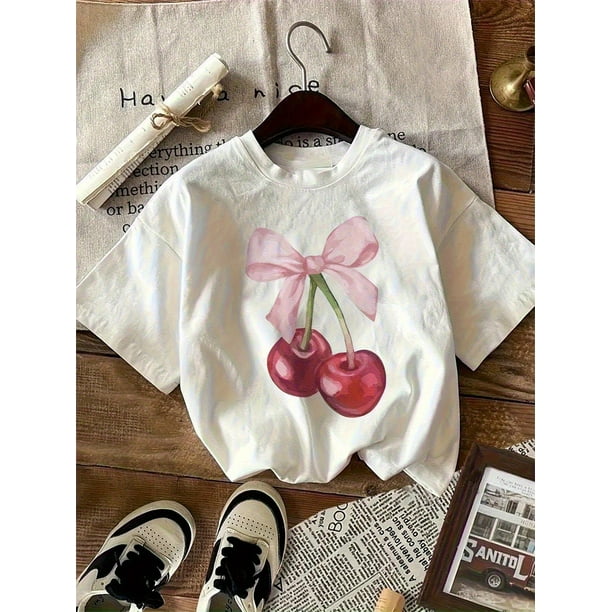 Summer Cotton T-Shirt - Cherry & Bow Print Casual Loose Fit Breathable Round Neck Short Sleeve Top, White with Cherry & Bow Design, Comfortable Casual Attire