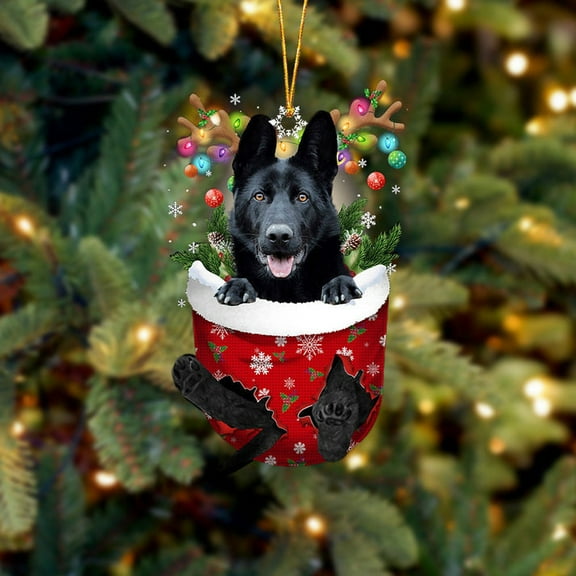 Acrylic 2D FLAT - BLACK German Shepherd In Snow Pocket Christmas Ornament Flat Acrylic Dog Ornament - Holiday Tree Decoration