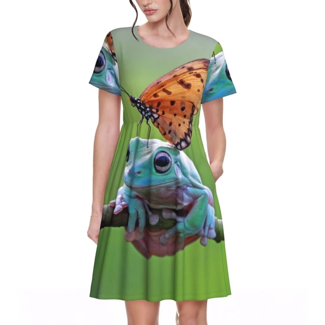 Balery Butterfly Landing On Head Dumpy Frog Vestidos sueltos de manga corta para mujer, vestidos de verano 2025, vestidos casuales de corte A con vuelo.
