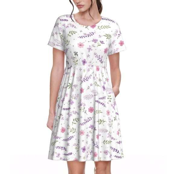 Purple Lavender Floral Women's Dresses Short Sleeve Nightdresses for Summer
