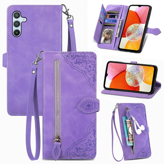 Zipper Wallet Case for Samsung Galaxy A15,Dteck Magnetic Leather Card Slots Pocket Wallet Case Shockproof Rubber Kickstand Full Body Protective Cover with Wrist Strap for Galaxy A15 5G, Purple