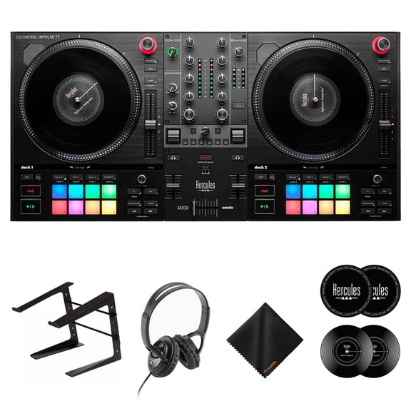 Hercules DJControl Inpulse T7 Black DJ Controller Headphones Laptop Stand Bundle