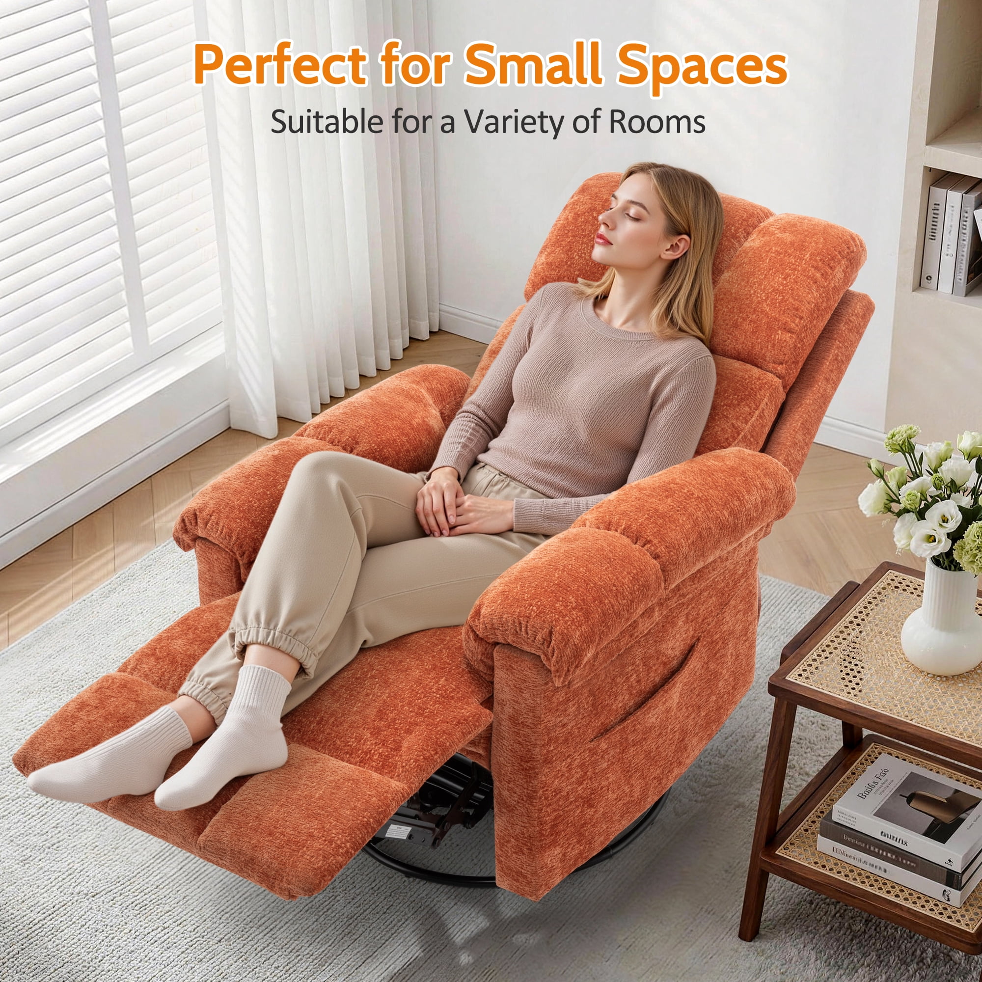 Korser Small Recliners for Small Spaces,Swivel Rocker Recliner Chair with Side Pockets for Living Room,Orange