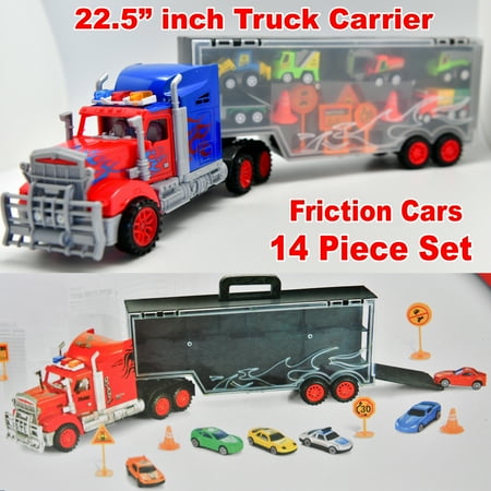 The Red Tractor Big Rig Truck Carrier Construction Cars Toy Set Monster Dump Tractor Excavator Troque Camion ()