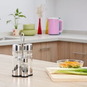 Seasoning Bottle Set Condiment Holder Seasoning Rack Four-in-One Oil Vinegar Dispensers Salt Pepper Shakers Glass Cruet Set with Convenient Caddy Stand Stainless Steel Tops