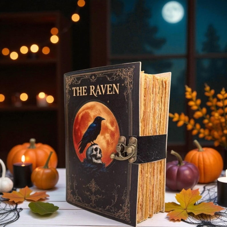 Handmade Leather Journal – “The Raven” Gothic Vintage Notebook, 200 Deckle-Edge Pages, Halloween Theme Diary