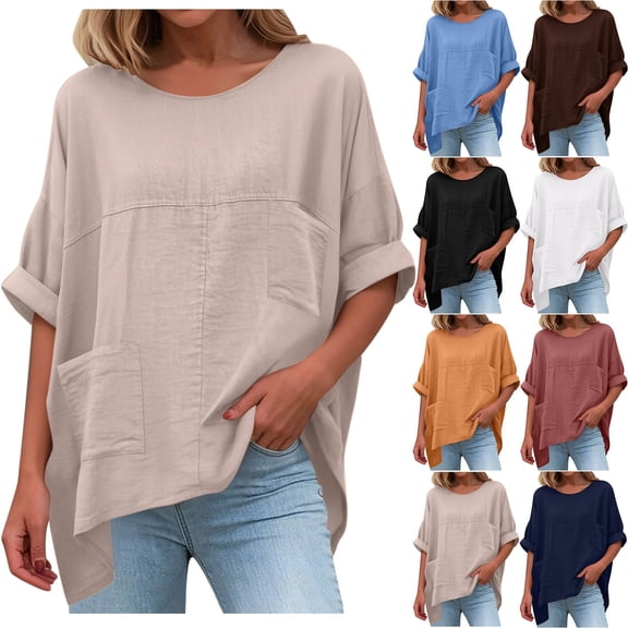Feancey Womens Boho Blouse Roll Up 3/4 Sleeve Linen Tops Summer Casual Oversized Gauze T-Shirts Comfort Breathable Peasant Blouses with Pockets Black L
