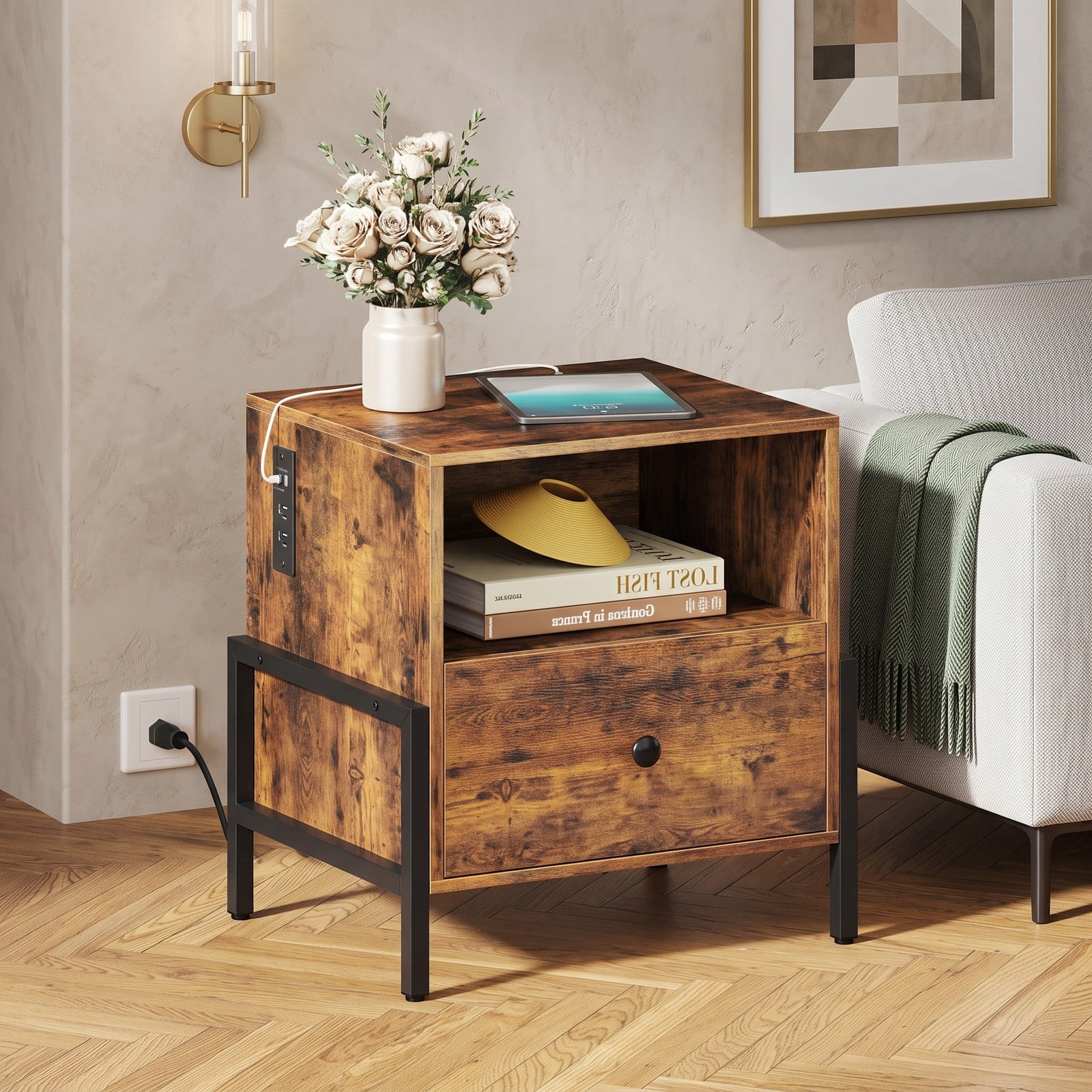 Furnibear Industrial Nightstand with Charging Station and Drawer, Sofa Side Table with Open Compartment and Metal Frame for Bedroom, Rustic Brown