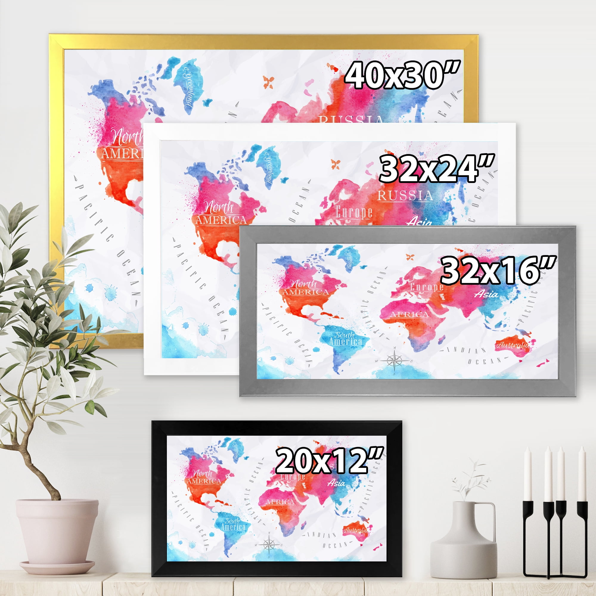 Designart 'World Map In Blue and Pink' Modern Framed Art Print