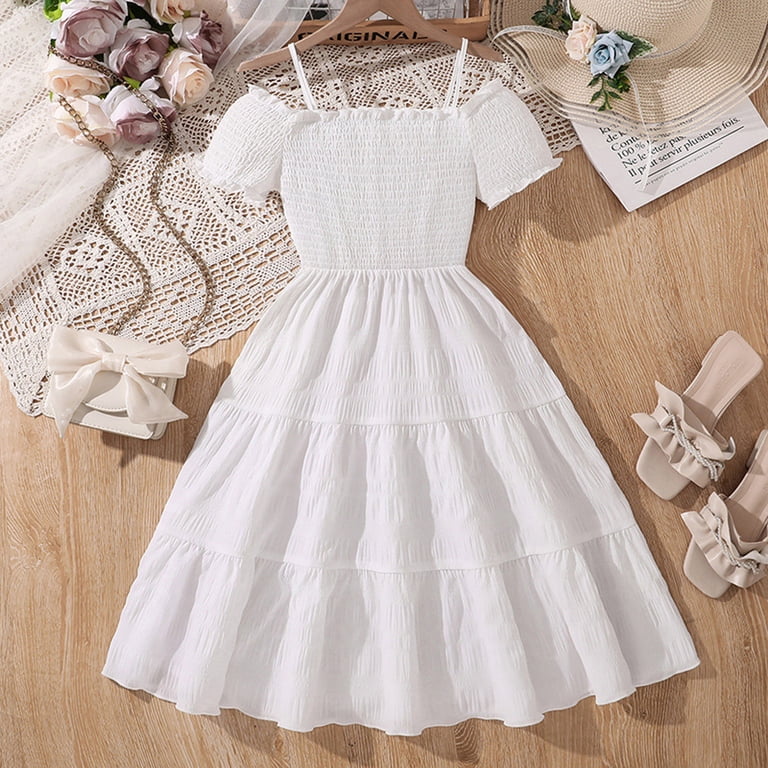 QUOTAY Toddler Little Girls Summer Puff Sleeve Dress with Floral Embroidery  Contrast Trim Party Gown Age 8-12Y Girls Dresses White,10Y - Walmart.com