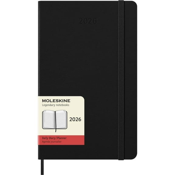 Moleskine, Moleskine Large Black Daily Hard Cover 12 Month 2026 Planner, 5.3'' X 8.3'', 12-Month Calendar with Stapled Binding