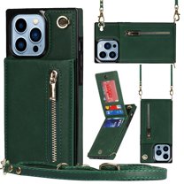Crossbody Wallet Case for iPhone 14 Pro Max, Zipper Pocket Case with Card Holder, PU Leather RFID Blocking Protective Cover Case with Kickstand Detachable Wrist Strap Lanyard 6.7", Green